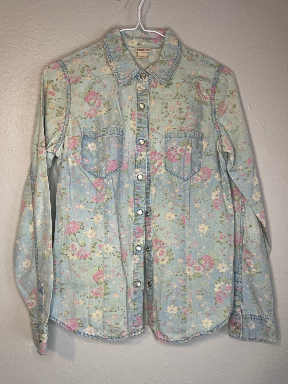 Floral Denim Button-Up Shirt - Light Blue & Pink